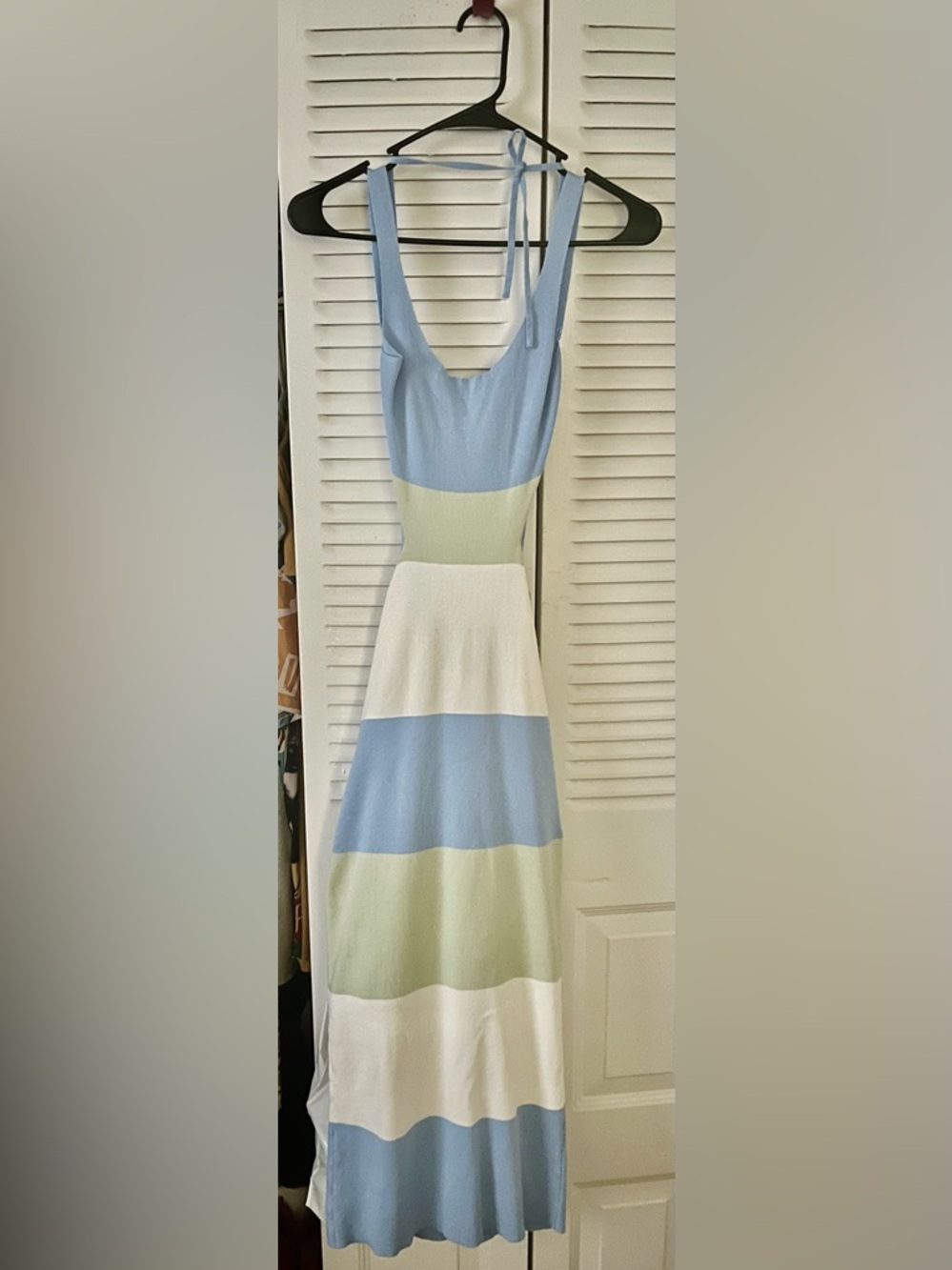 Mint green, powder blue and cream backless maxi dress